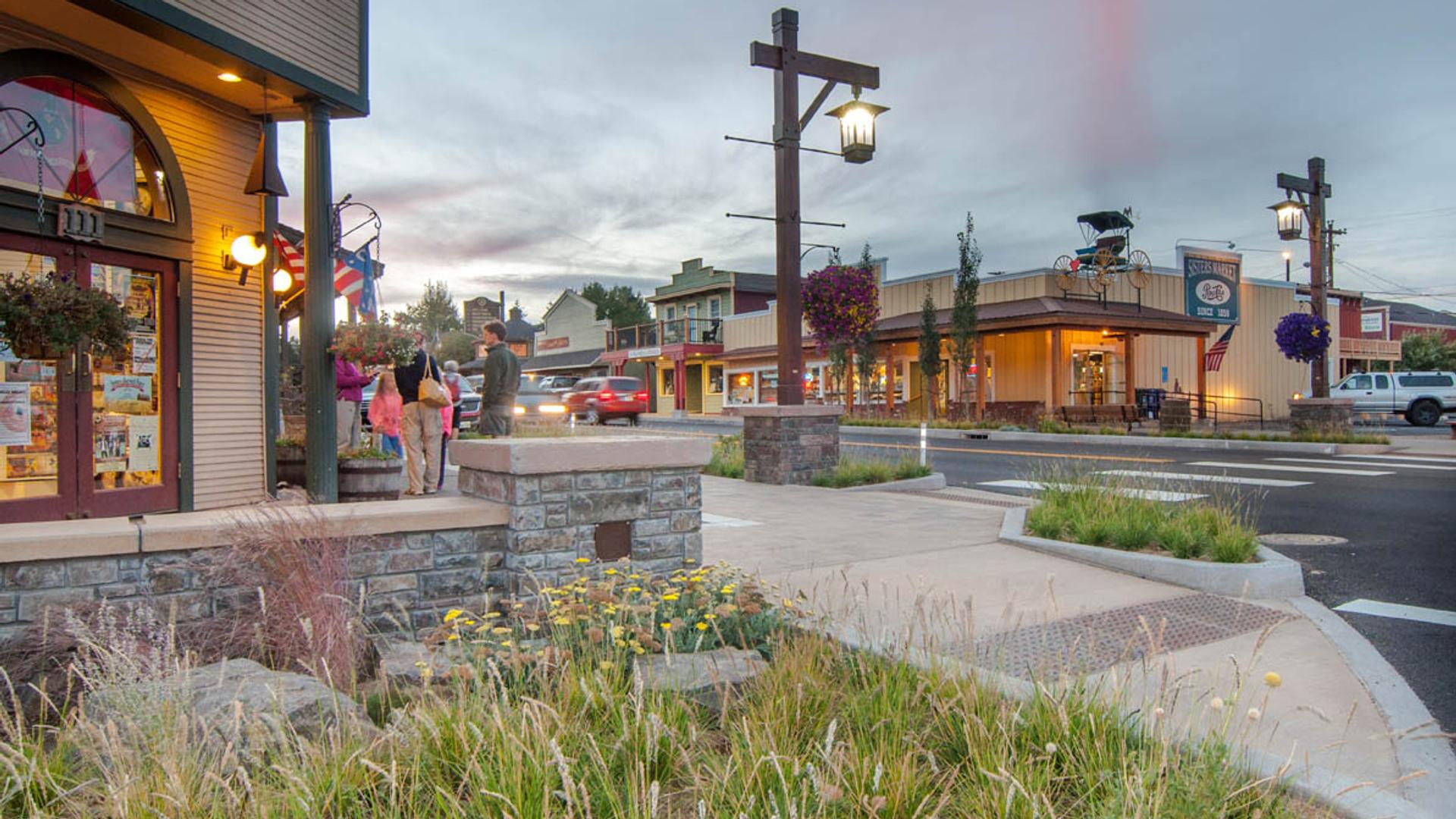 Detail of intersection on Cascade Avenue in Sisters, Oregon.