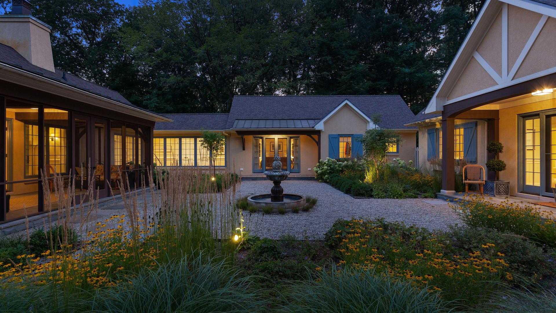 Courtyard and fountain detail at Michigan residence