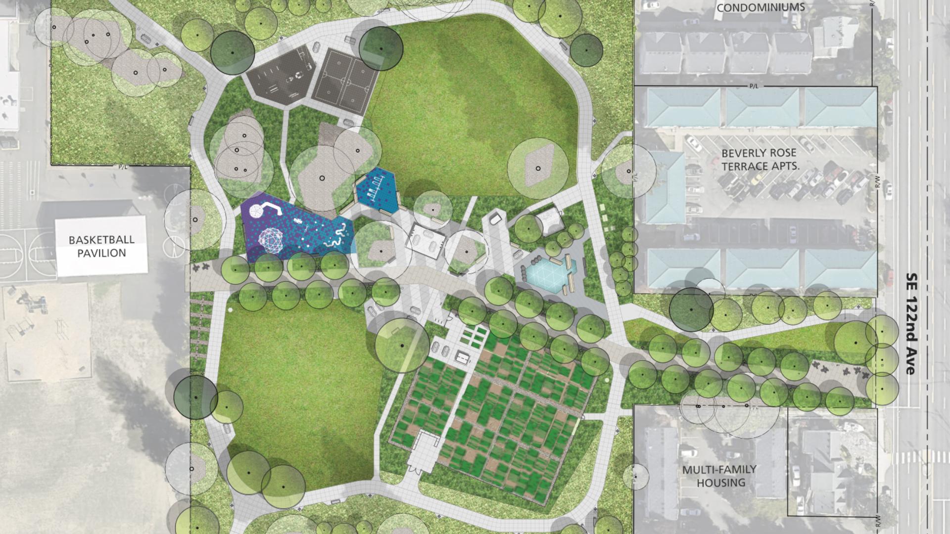 Site plan rendering of Mill Park with lawns, trees, community garden, and play areas.