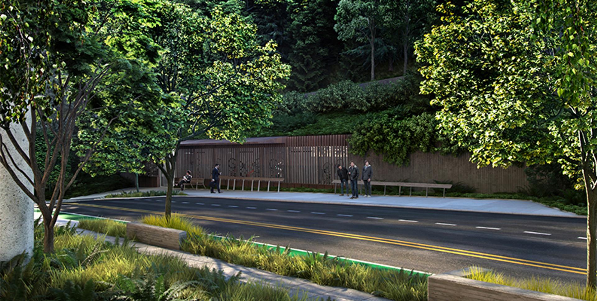 Transit stop on Campus Drive at the OHSU Multi-Modal Hub in Portland, Oregon