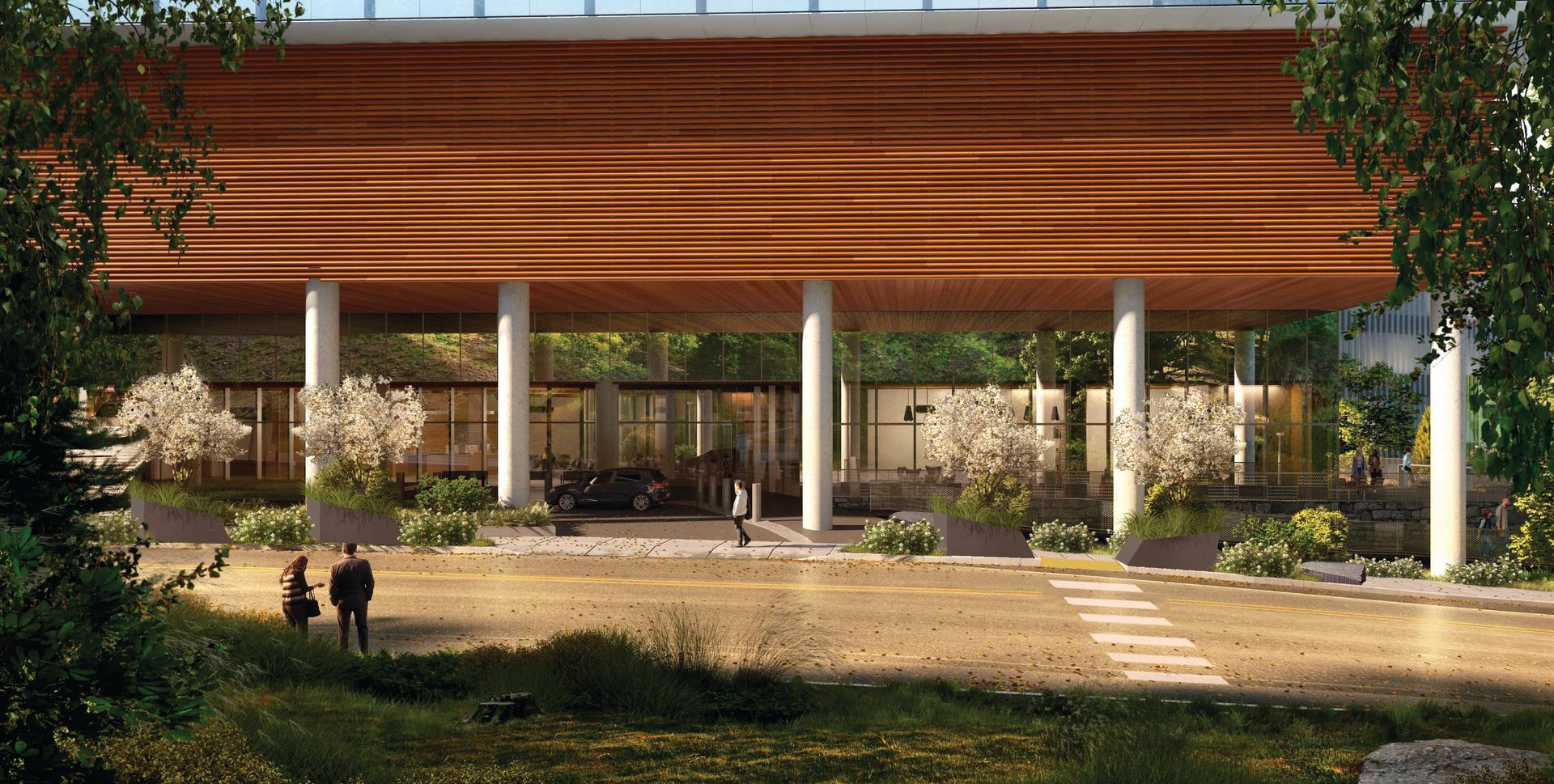 Front view of OHSU Vista Pavilion with plantings