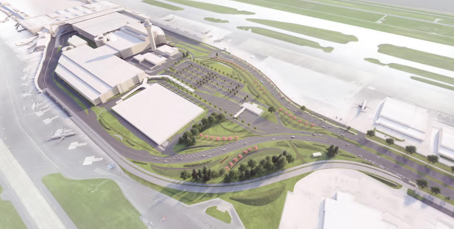 Rendering of PDX terminal approach with roadways, parking, and landscaping.