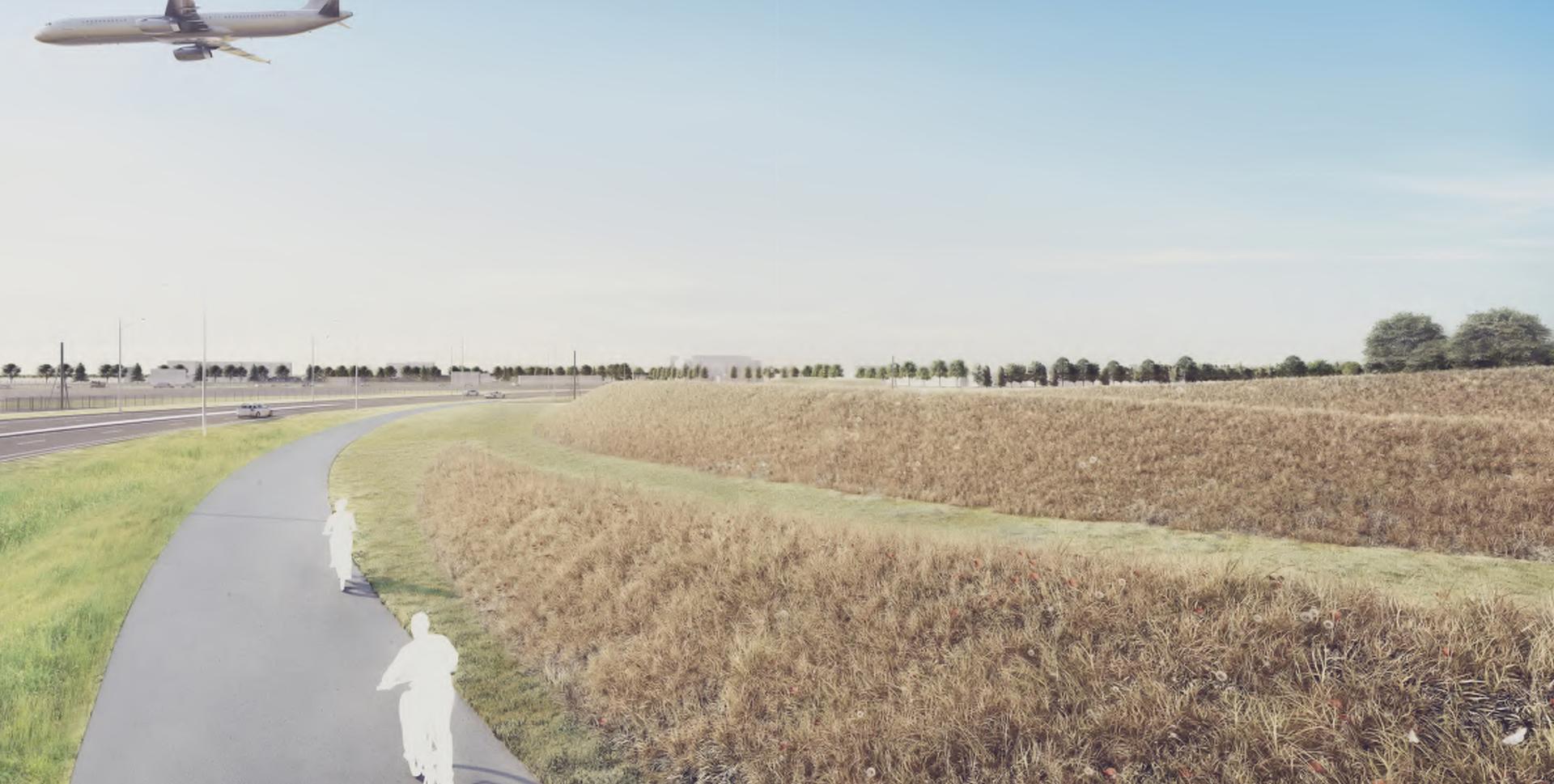 Rendering of a bike path and landscape design with incoming flight in the PDX landscape master plan