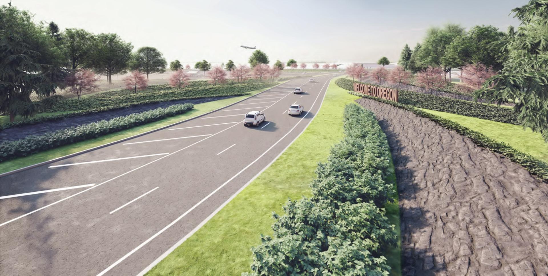 Rendering of PDX exit with new roadways, landscaping, and a Welcome to Oregon sign.